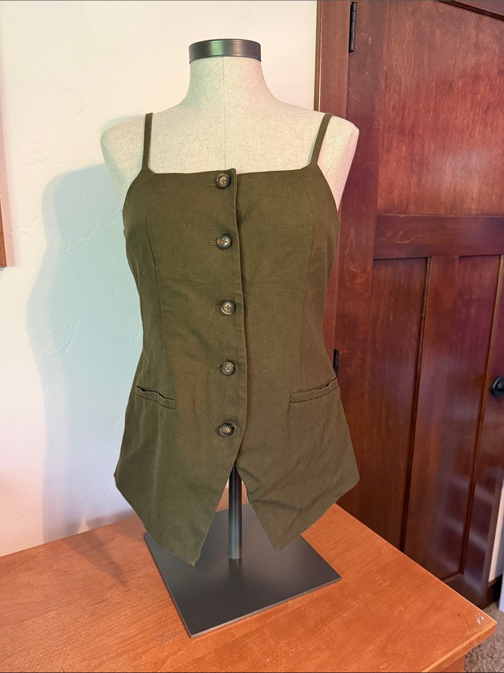 Olive Green Button-Front Spaghetti Strap Tank